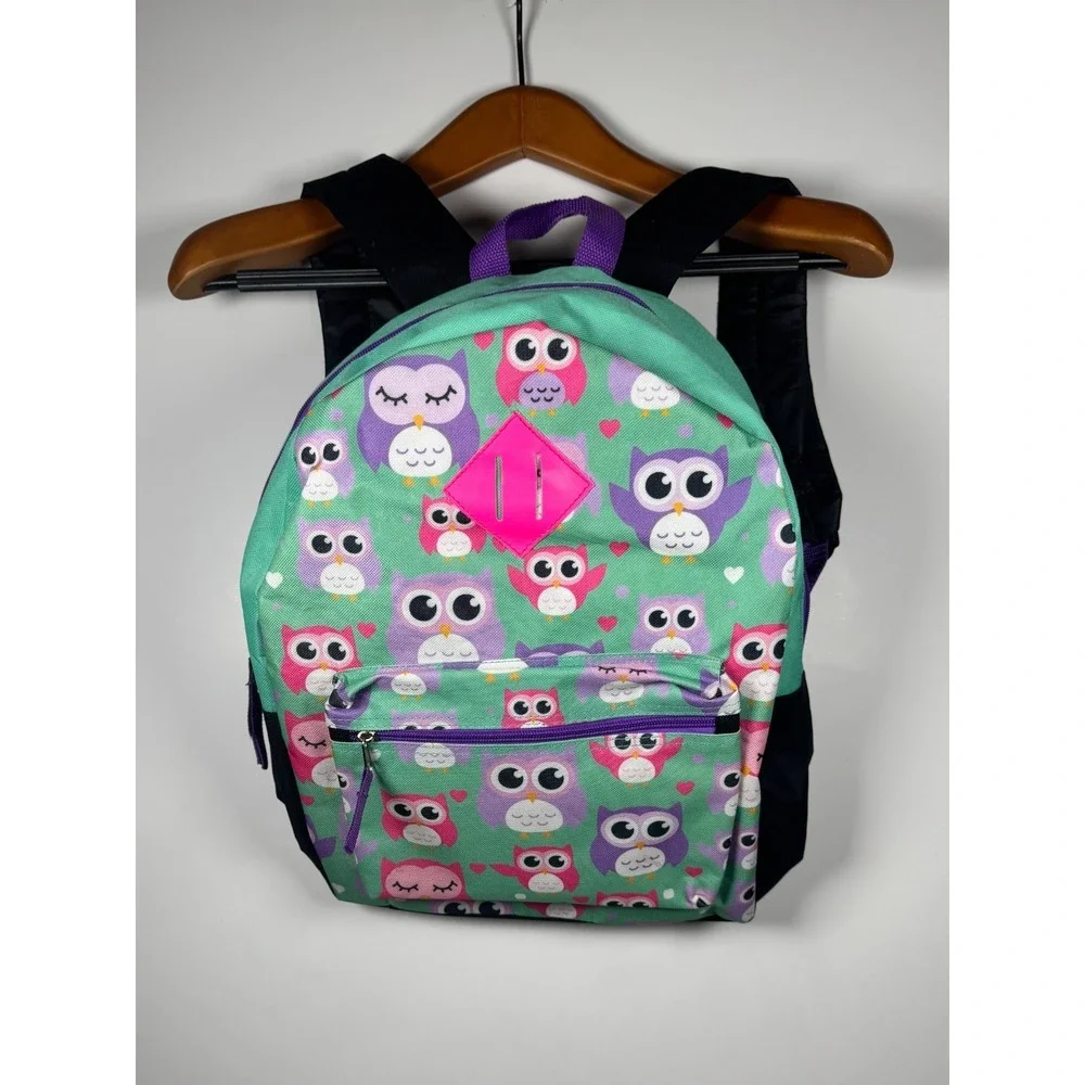 Girls Backpack‎ Multi Owl Print Zip Pocket Adjustable Padded Shoulder Straps Bag